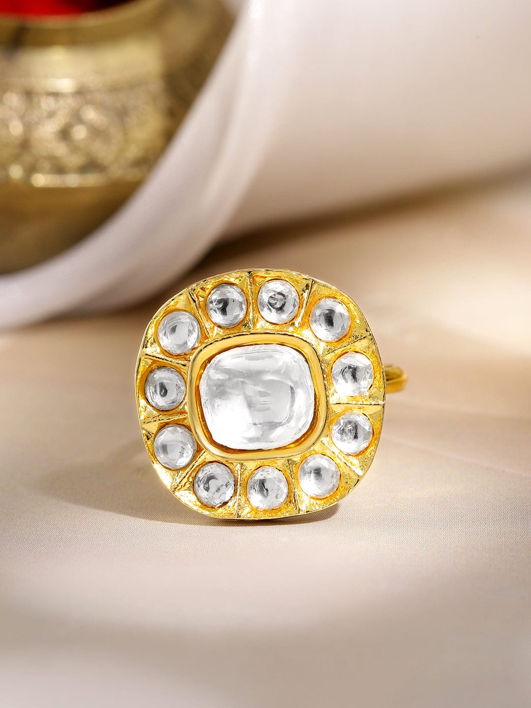 18K Gold-Plated White Kundan Studded Circular Adjustable Finger Ring
