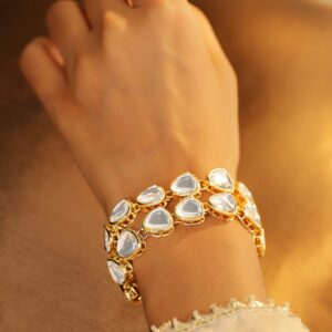 18K Gold-Plated White Kundan Studded Double-Layered Statement Bracelet - Gold::White