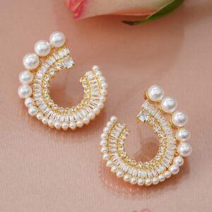 18K Gold-Plated White Pearl & Cubic Zirconia Studded Spiral Design Stud Earrings