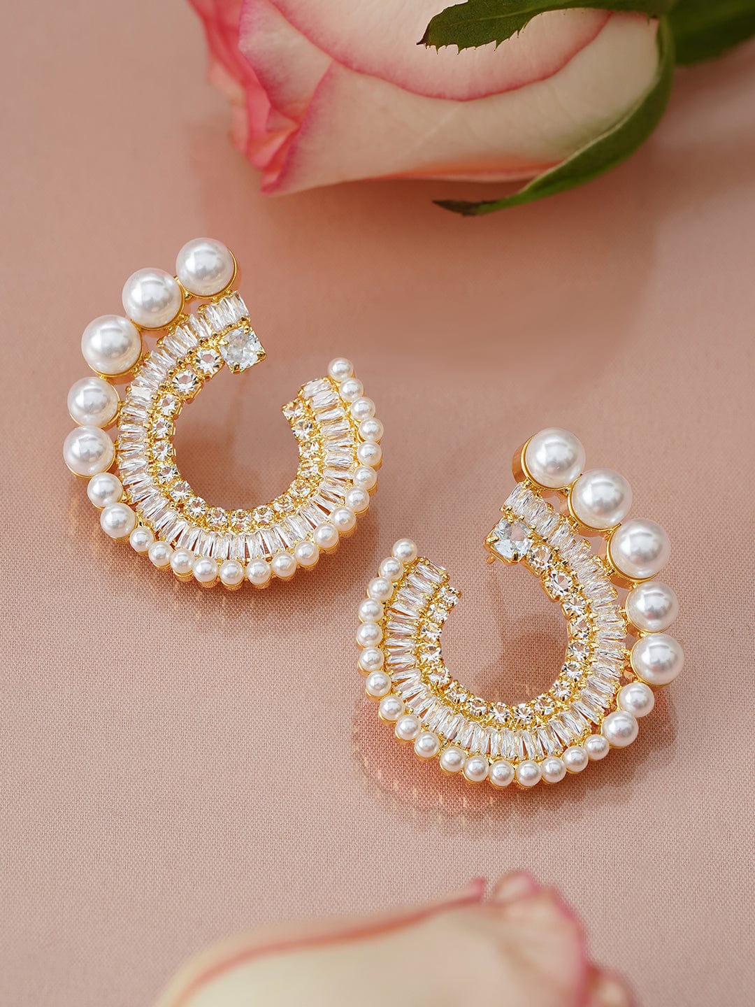 18K Gold-Plated White Pearl & Cubic Zirconia Studded Spiral Design Stud Earrings