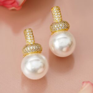 18K Gold-Plated White Pearl Drop Minimal Earrings with Cubic Zirconia Accents