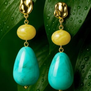 18K Gold-Plated Yellow & Turquoise Beaded Stylish Drop Earrings - Yellow & Turquoise