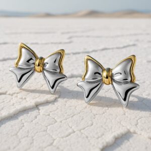 18K Gold & Silver Dual-Plated Bow-Shaped Stud Earrings - Dual-Plated