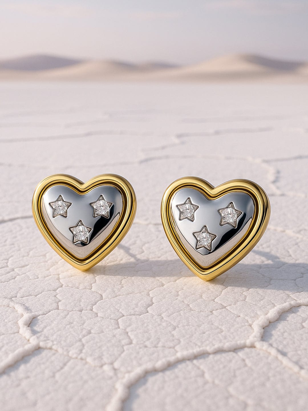 18K Gold & Silver Dual-Plated Heart-Shaped Cubic Zirconia Stud Earrings - Silver