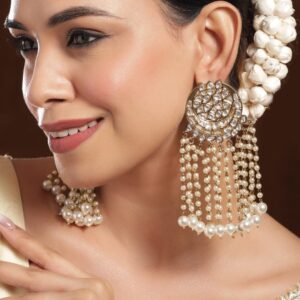 18K Mehandi Gold-Plated Kundan Studded & Pearl Beaded Multilayer Chandlier Earrings