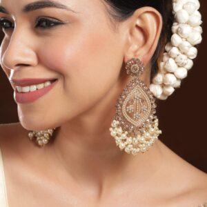 18K Mehandi Gold-Plated Long Chandbali Earrings with Pearl Drops & Kundan Accents