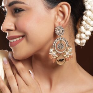 18K Mehndi Gold-Plated Kundan, White & Peach Pearl and Beads Chandelier Earrings