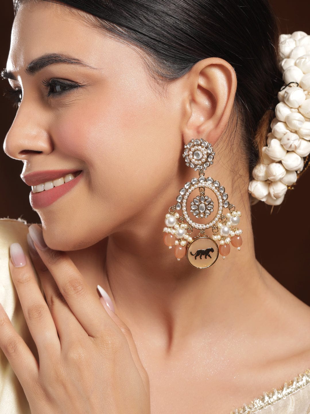 18K Mehndi Gold-Plated Kundan, White & Peach Pearl and Beads Chandelier Earrings
