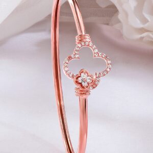 18K Rose Gold-Plated Crystal Zirconia Studded Clover Motif Sleek Bracelet - Rose gold