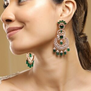 18K Rose Gold-Plated Emerald & Zirconia Studded Green Beaded Long Chandbali Earring - Rose Gold