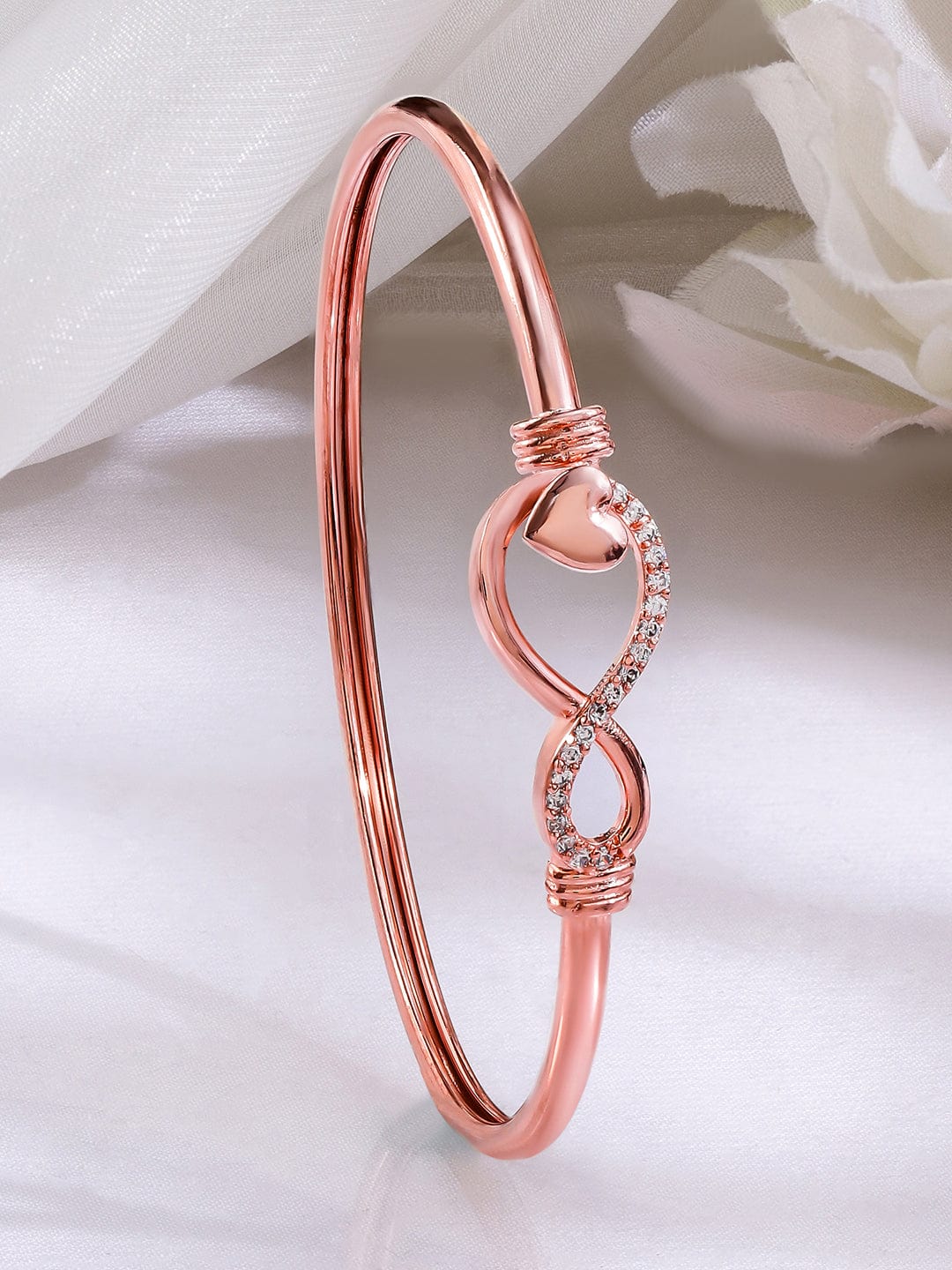 18K Rose Gold-Plated Infinity & Heart Motif Crystal Zirconia Studded Sleek Bracelet - Rose gold