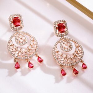 18K Rose Gold-Plated Ruby Red & White Cubic Zirconia Studded Chandelier Earrings - ruby