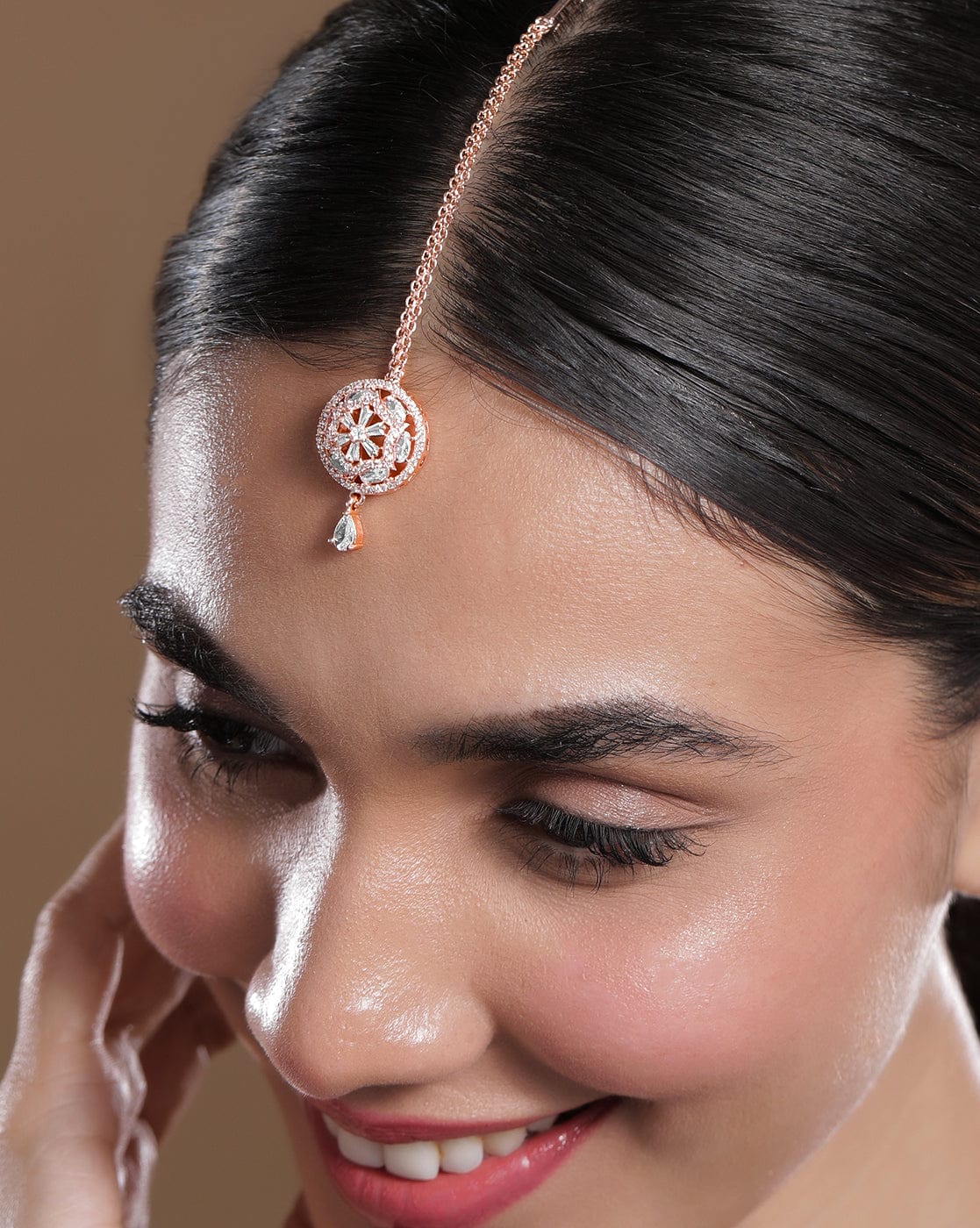 18K Rose Gold-Plated White & Cubic Zirconia Studded Designer Maang Tikka - Rose Gold
