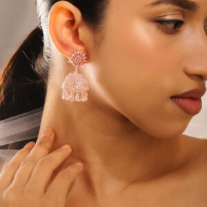 18K Rose Gold-Plated White Cubic Zirconia Studded Statement Jhumka Earrings - White