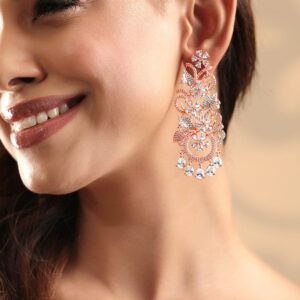 18k Rose Gold Plated Zirconia Studded Chandelier Earrings - Rose Gold