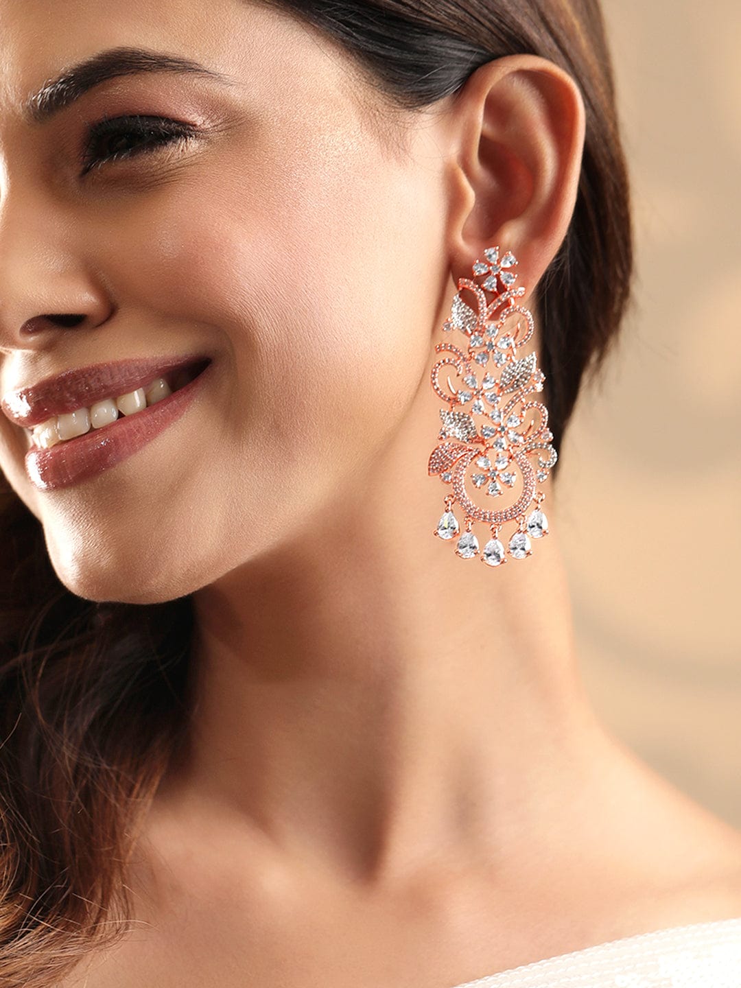 18k Rose Gold Plated Zirconia Studded Chandelier Earrings - Rose Gold