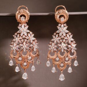 18K Rose Gold White Cubic Zirconia Floral Cascading Floral Chandelier Earrings - Rose gold