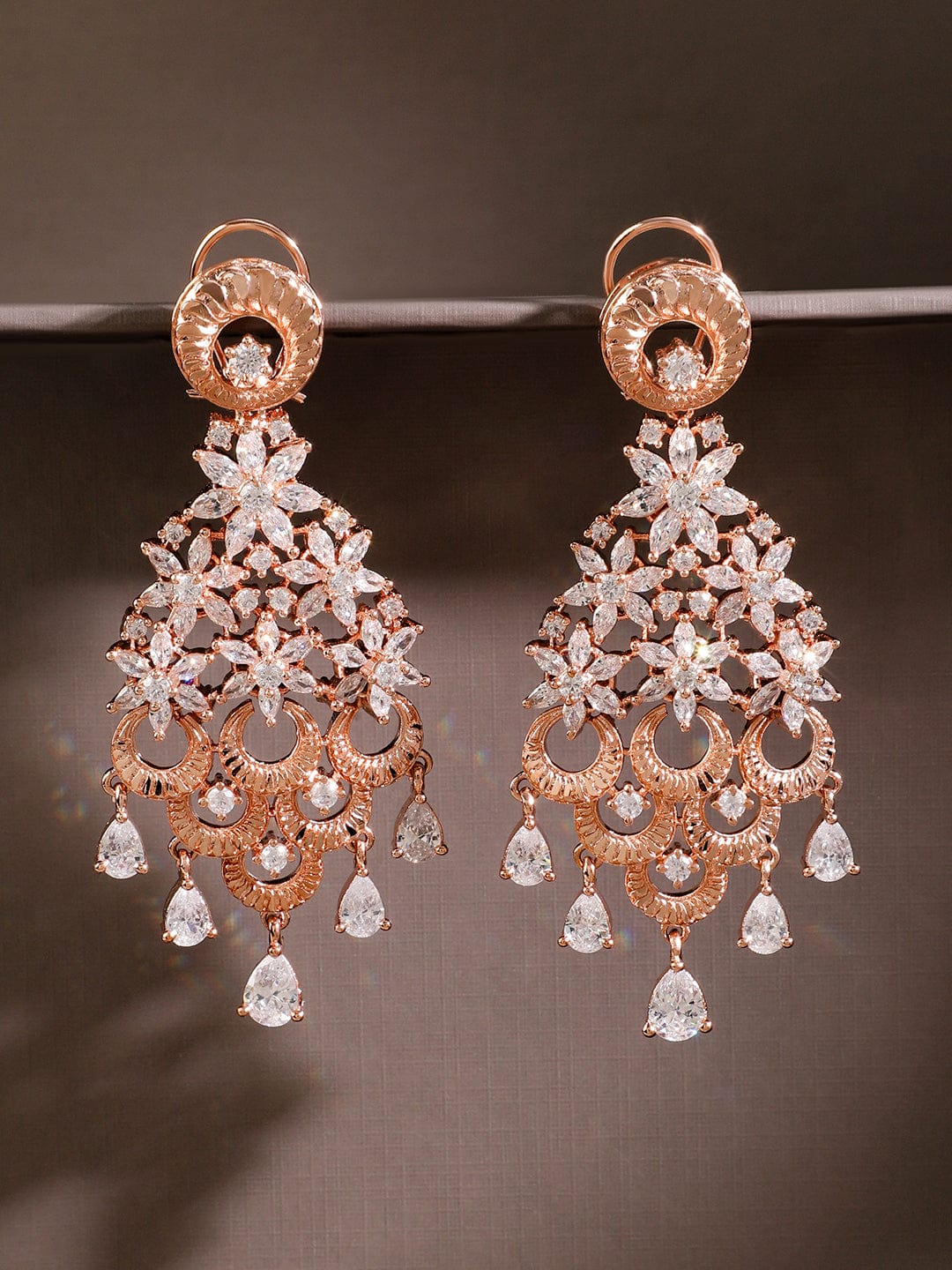 18K Rose Gold White Cubic Zirconia Floral Cascading Floral Chandelier Earrings - Rose gold