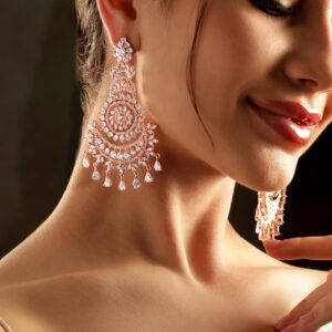 22k Rose Gold Plated AAA Crystal Cubic Zirconia Studded Premium Chandelier Earrings - Rose Gold