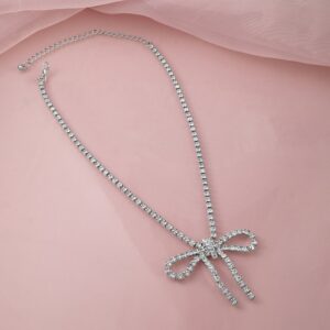 18KT Gold Plated Cubic Zirconia Studded Statement Glamorous Bow Pendant Necklace - Silver