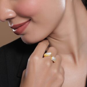 18KT Gold Plated Sparkling Crystal & Cubic Zicronia Studded Adjustable Finger Ring - Gold