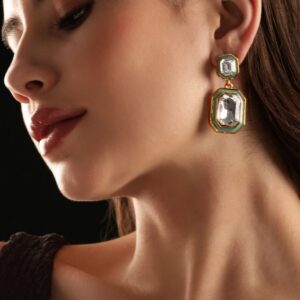 22K Antique Gold Blue Enamel Crystal Studded Drop Earrings - Blue