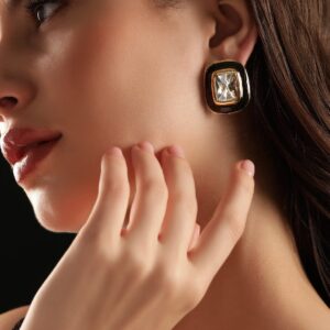 22K Antique Gold Crystal Studded Black Enemal Stud Earrings - Green