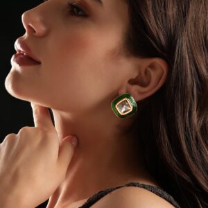 22K Antique Gold Crystal Studded Green Enamel Stud Earrings - Green::Gold