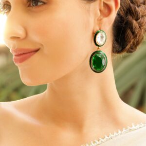 22K Antique Gold Plated Emerald Crystal Zirconia Studded Green Enamel Drop Earring - Green