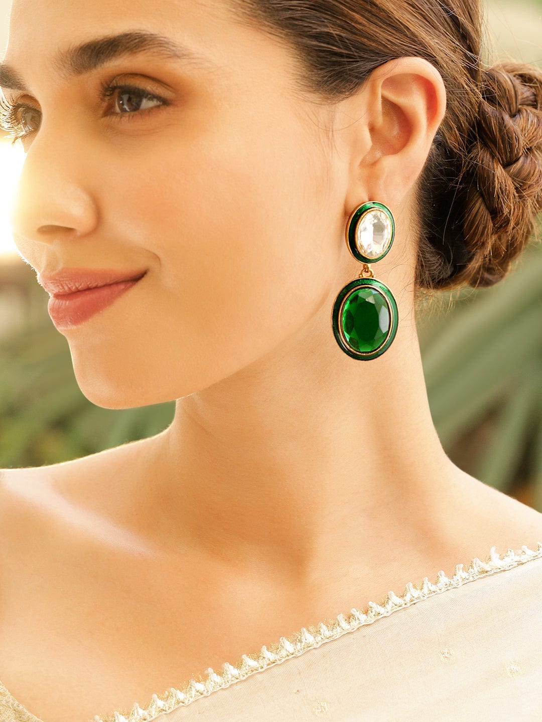 22K Antique Gold Plated Emerald Crystal Zirconia Studded Green Enamel Drop Earring - Green