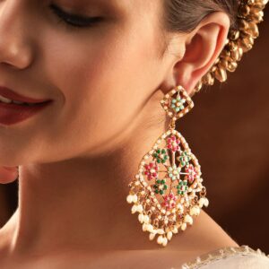 22K Antique Gold Plated Multi Colour Pearl Studded Statement Chandbali Earrings - Gold::Multi Color