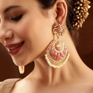 22K Antique Gold Plated Ruby Zirconia & Pearl Studded Statement Chandbali Earring - Gold::Pink