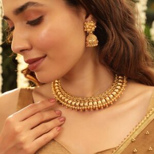 22k Gold-Plated Artificial Beads Beaded Royalty Exquisite Necklace Earrings - Gold