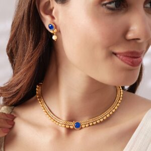 22K Gold-Plated Blue Sapphire & Pearl Beaded Traditional Necklace Set