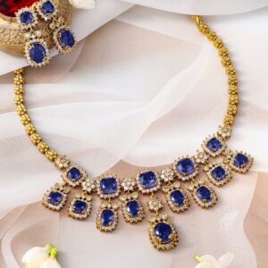 22K Gold-Plated Blue Sapphire Stone & Sparkling Cubic Zirconia Studded Necklace Set
