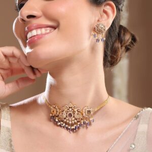 22K Gold Plated Blue Stone & CubicZirconia Studed Choker Set with Blue & Pearl Bead
