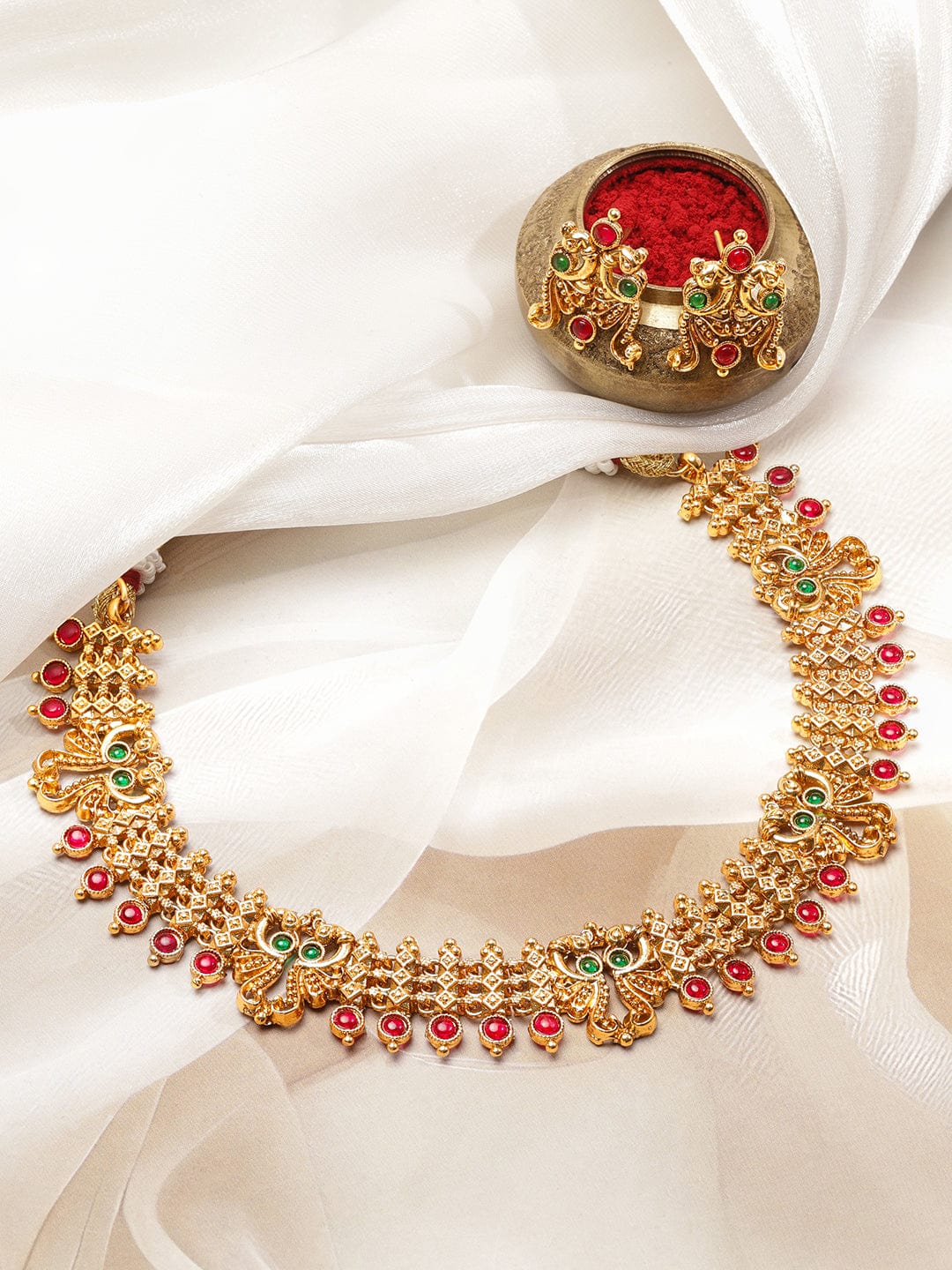 22K Gold-Plated Brass Traditional Necklace Set with Ruby Red & Emerald Green Stones