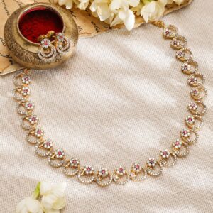 22K Gold-Plated Cubic Zirconia & Pink Stone Studded Necklace with Matching Earrings - Gold