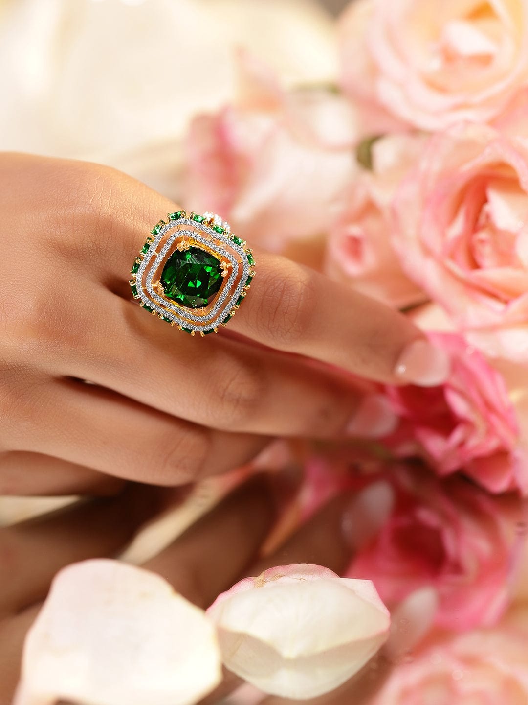 22K Gold Plated Cubic Zirconia Studded Adjustable Finger Ring - Gold