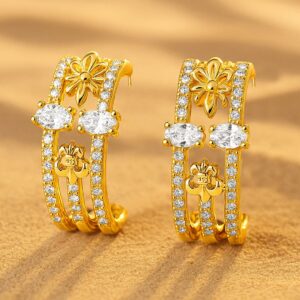 22K Gold Plated Cubic Zirconia Studded Floral Half Hoop Earrings - Gold