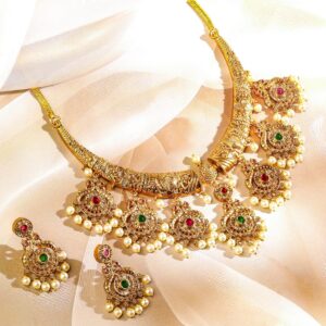 22K Gold-Plated Cubic Zirconia Studded & Pearls Beaded Lakshmi God Jewellery Set