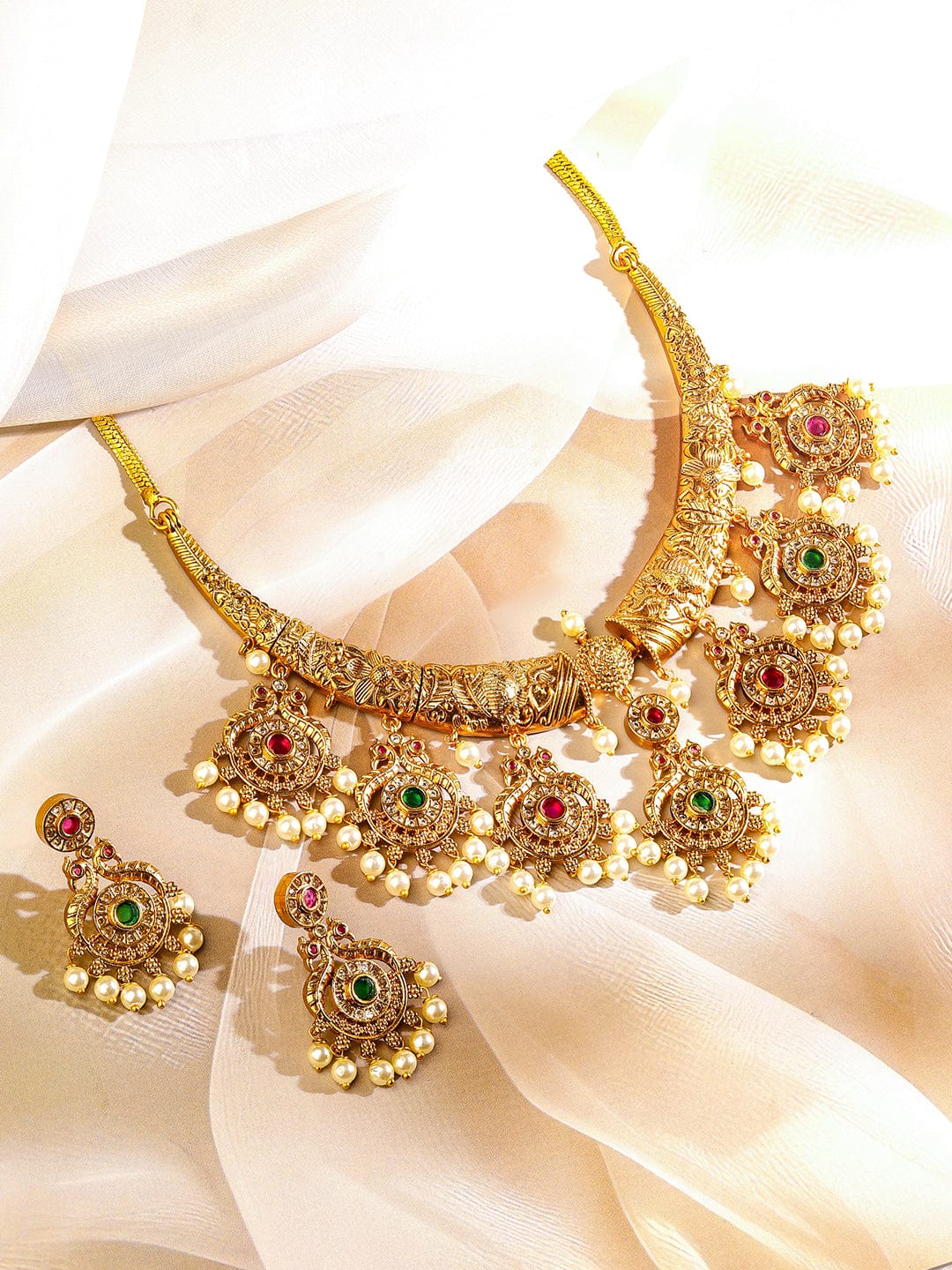 22K Gold-Plated Cubic Zirconia Studded & Pearls Beaded Lakshmi God Jewellery Set