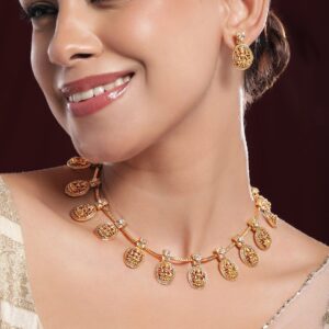 22K Gold-Plated Cubic Zirconia Studded Divine Lakshmi Temple Jewellery Set - Gold