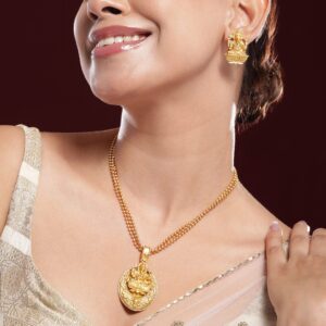 22K Gold-Plated Divine Ganesh Motif Necklace Set with Textured Traditional Chain - Gold