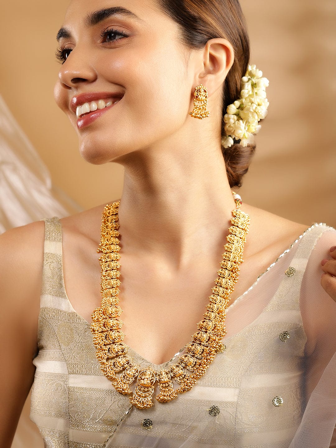 22K Gold-Plated Divine Lakshmi Motif Temple Jewellery Set with Gold Bead Accents - Gold