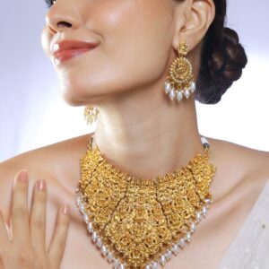 22K Gold-Plated Divine Lakshmi Temple Choker Necklace Set with White Pearl Drops