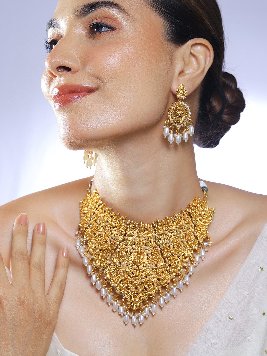 22K Gold-Plated Divine Lakshmi Temple Choker Necklace Set with White Pearl Drops
