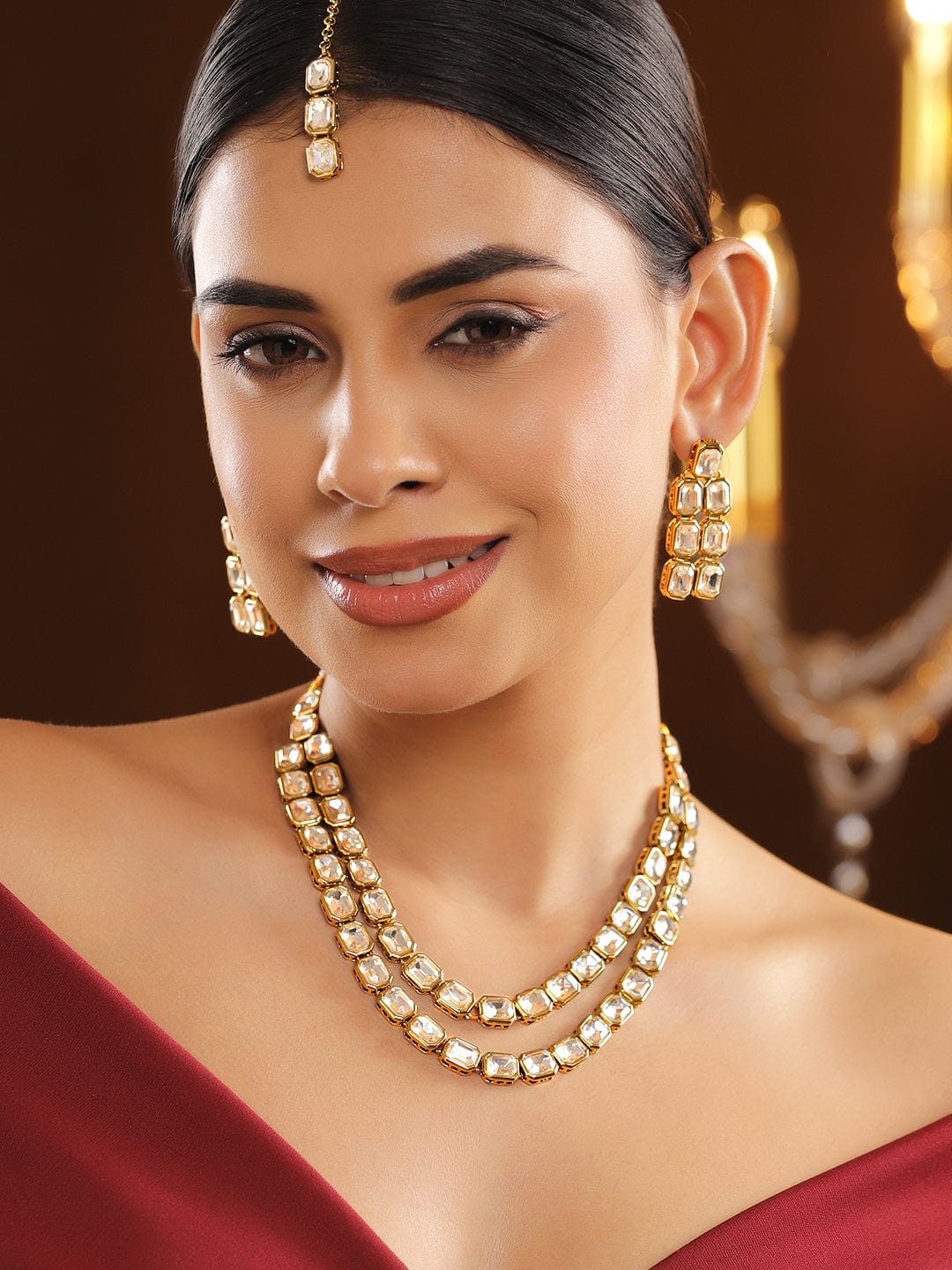 22K Gold-Plated Double Layer White Kundan Studded Statement Necklace Set with Earrings & Maangtikka