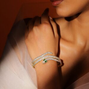 22K Gold-Plated Double Snake-Design Emerald and Cubic Zirconia Openable Bracelet - Gold