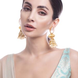 22K Gold Plated Drop Earrings With Studded White Stone And Pearls - Gold